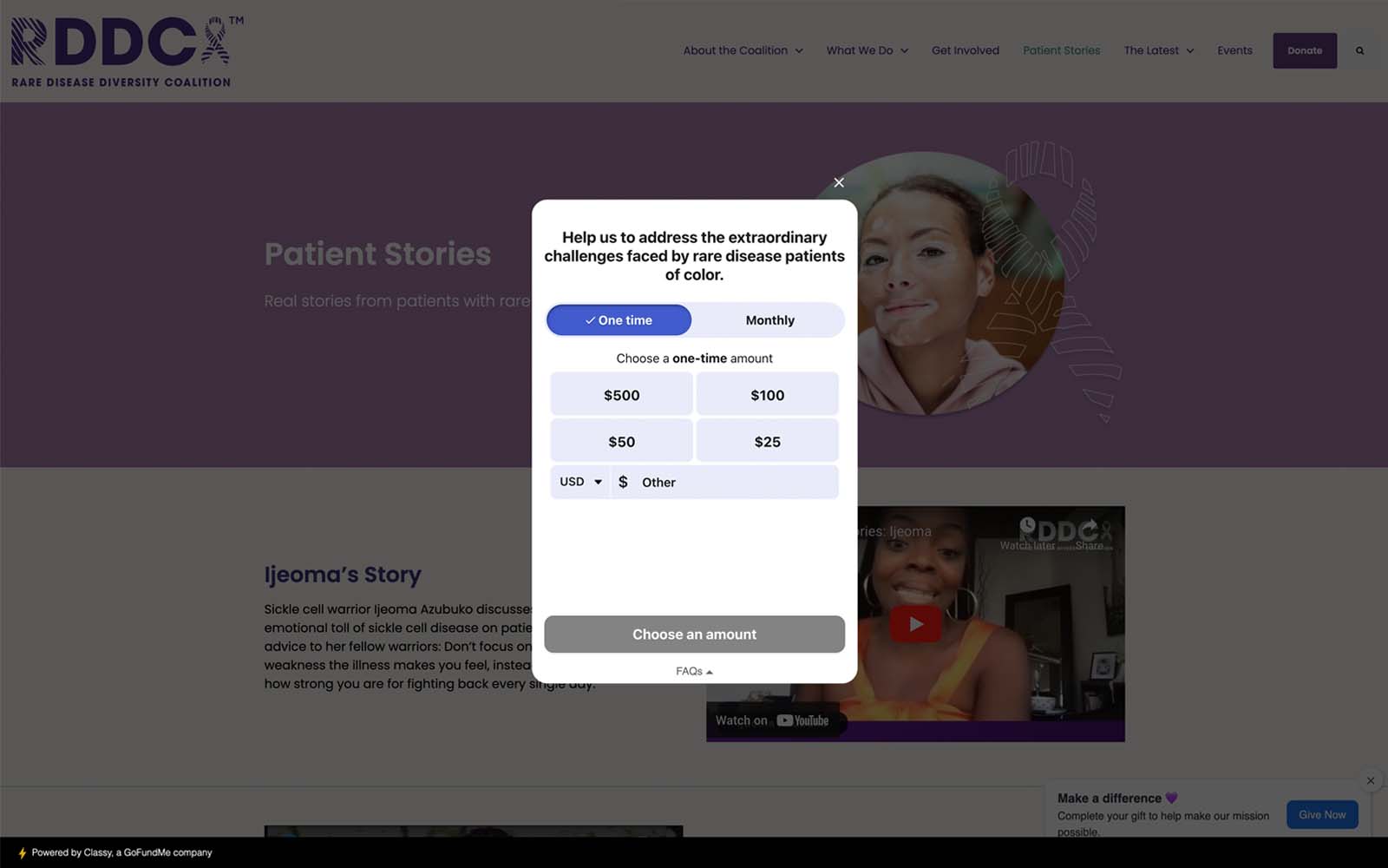 Rare Disease Diversity Coalition: Donate pop up